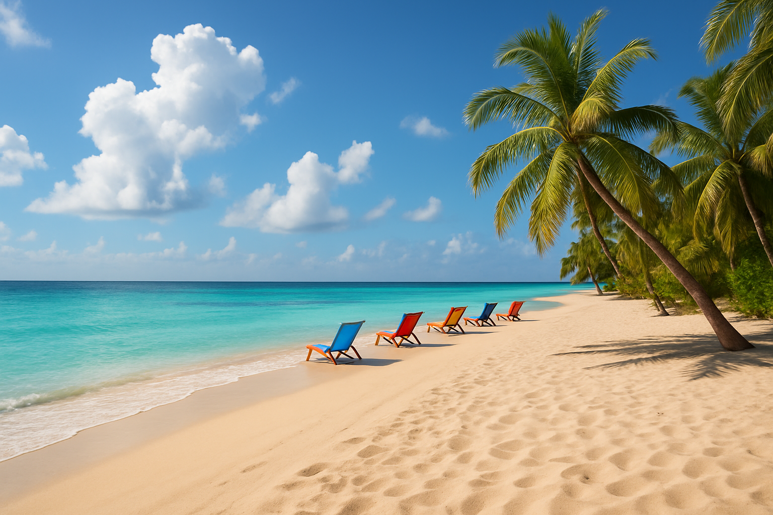 a nice beach with some beachchairs in the distance, realistick